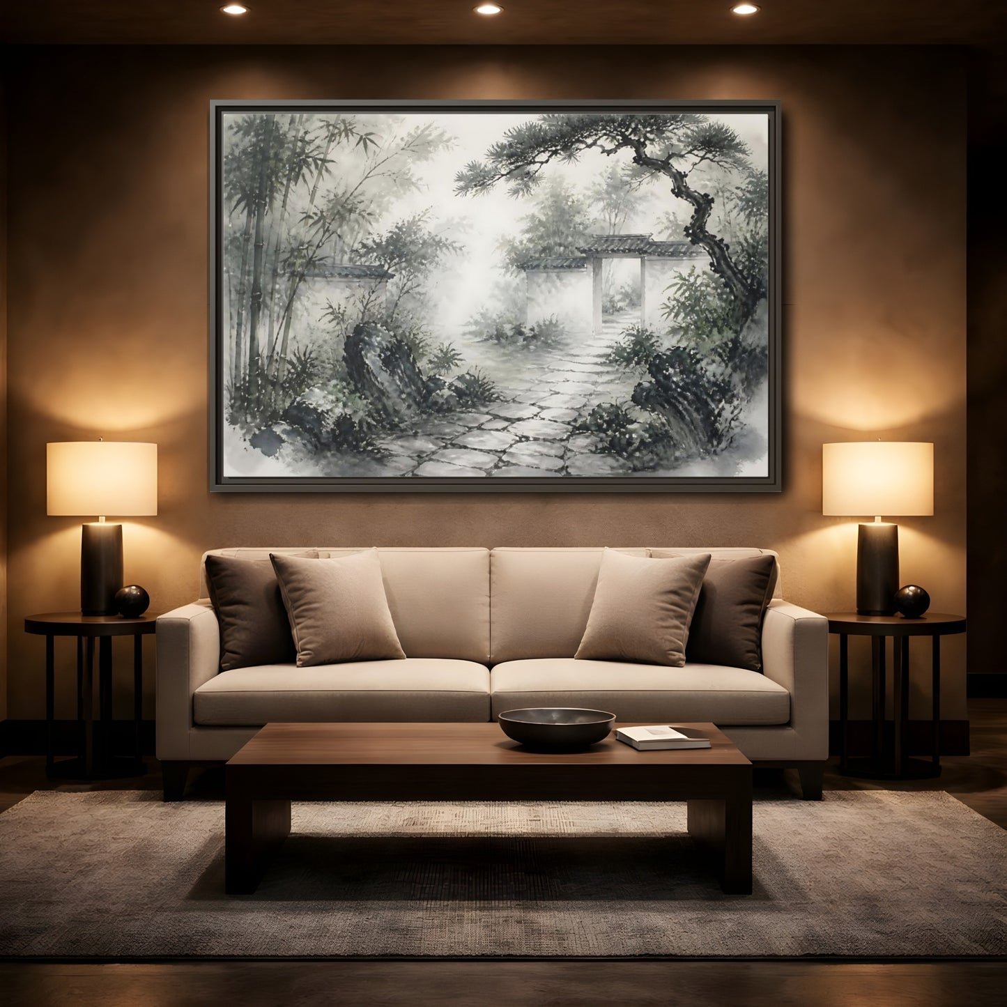 Mockup 2. Misty Garden Path shown as framed canvas print