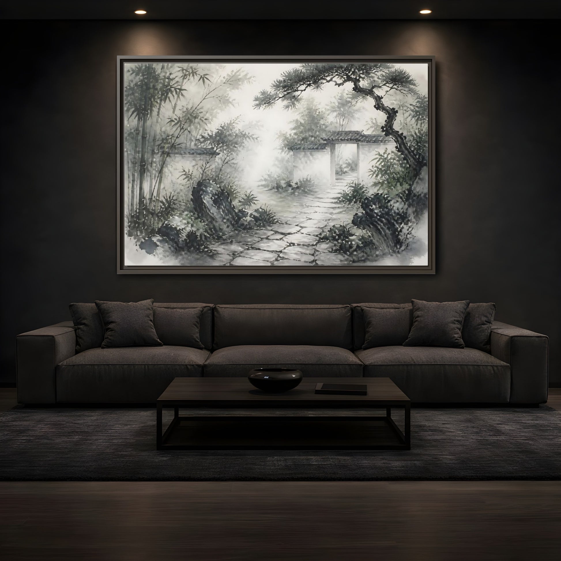 Mockup 3. Misty Garden Path shown as framed canvas print