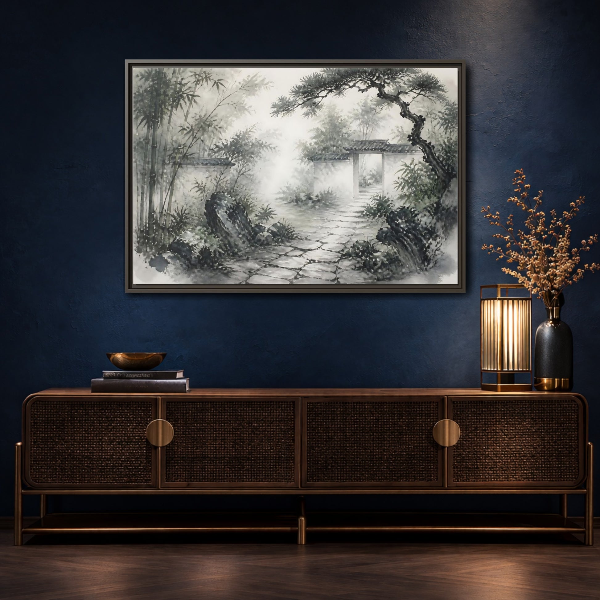 Mockup 4. Misty Garden Path shown as framed canvas print