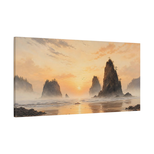 Main Mockup. Misty Golden Sea Stacks shown as canvas print