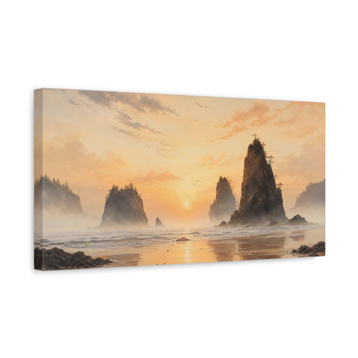 Side Mockup 3. Misty Golden Sea Stacks shown as canvas print