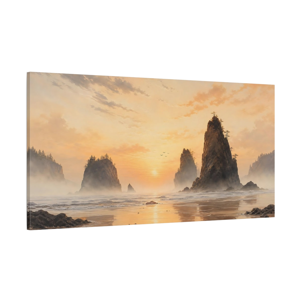 Side Mockup 2. Misty Golden Sea Stacks shown as canvas print