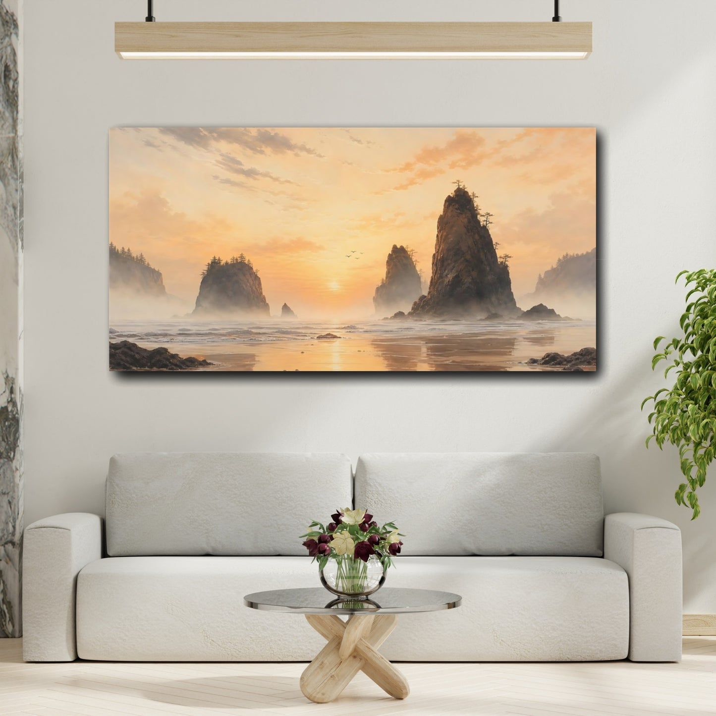 Mockup 2. Misty Golden Sea Stacks shown as canvas print