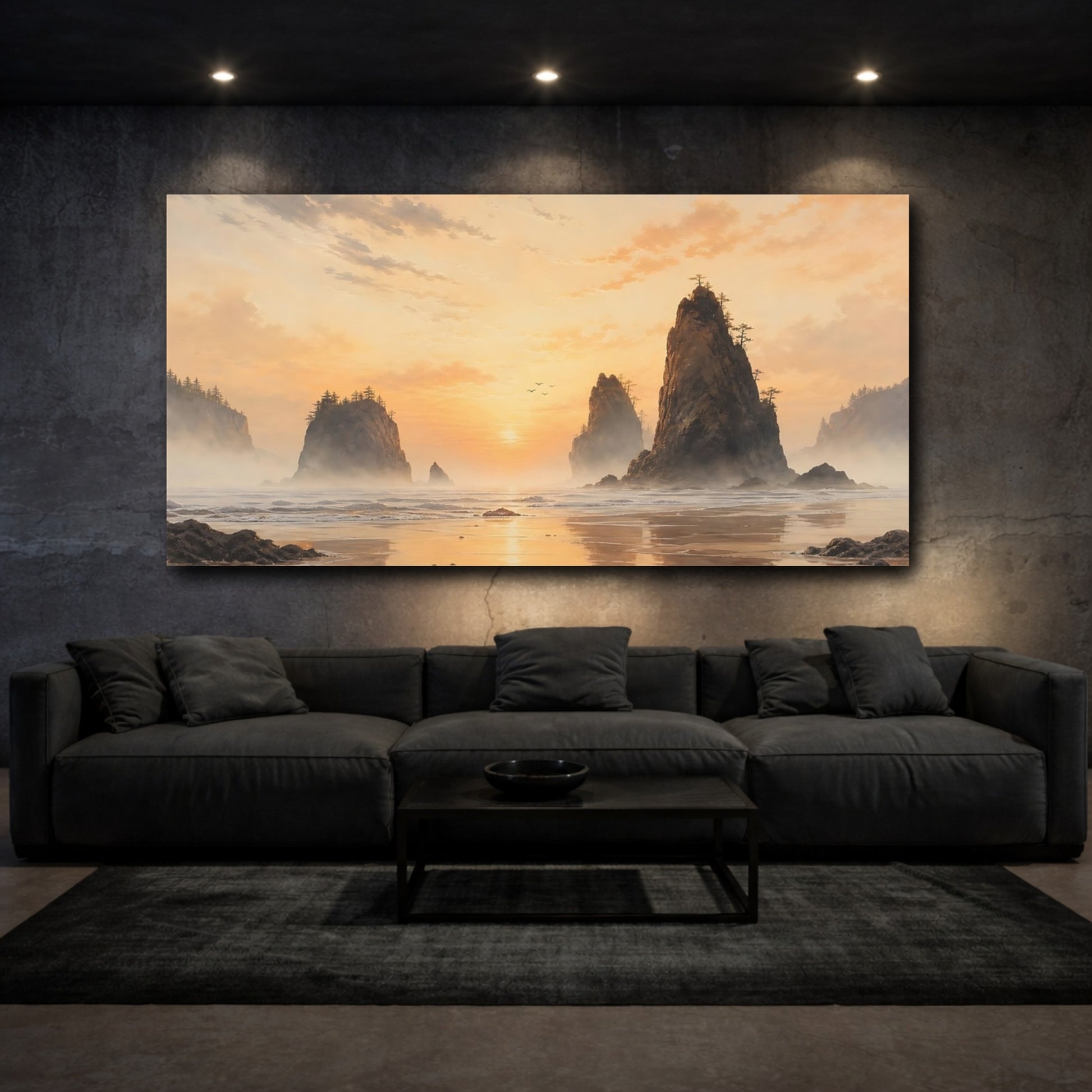 Mockup 3. Misty Golden Sea Stacks shown as canvas print