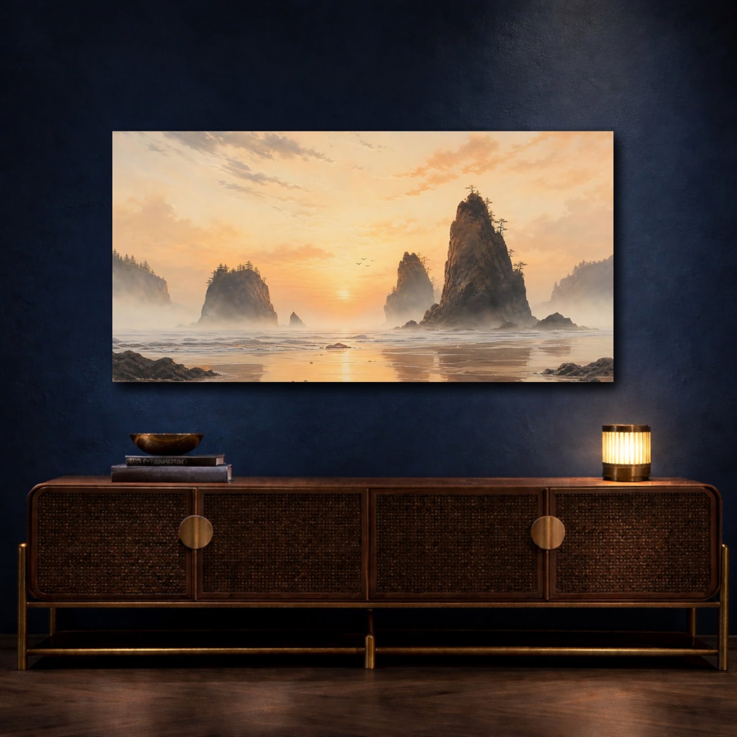 Mockup 4. Misty Golden Sea Stacks shown as canvas print