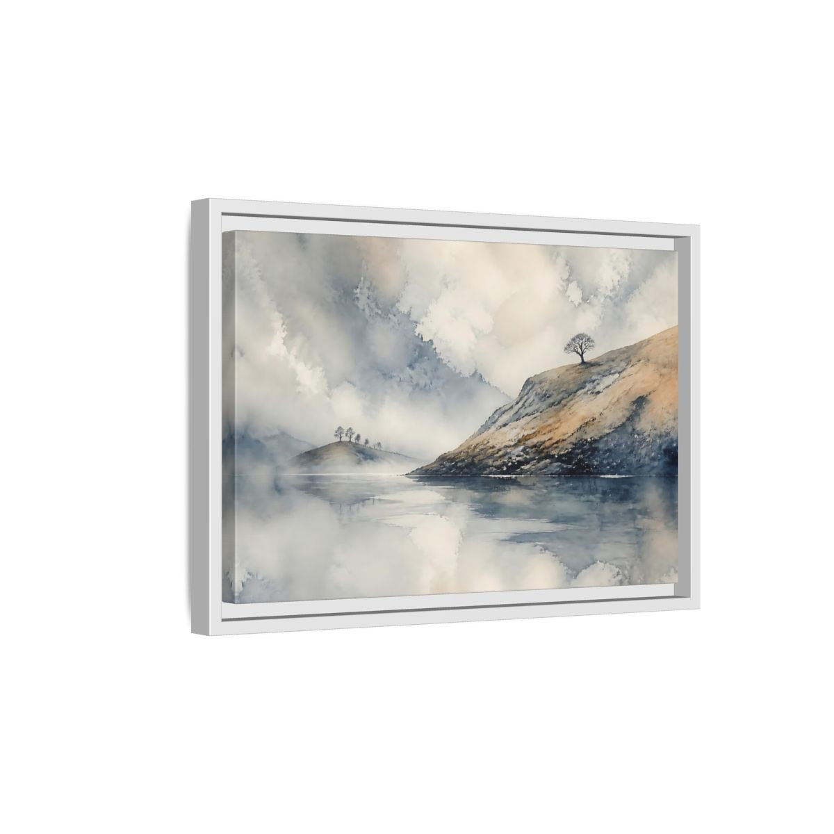 Side Mockup 4. Misty Hillside Reflection shown as framed canvas print
