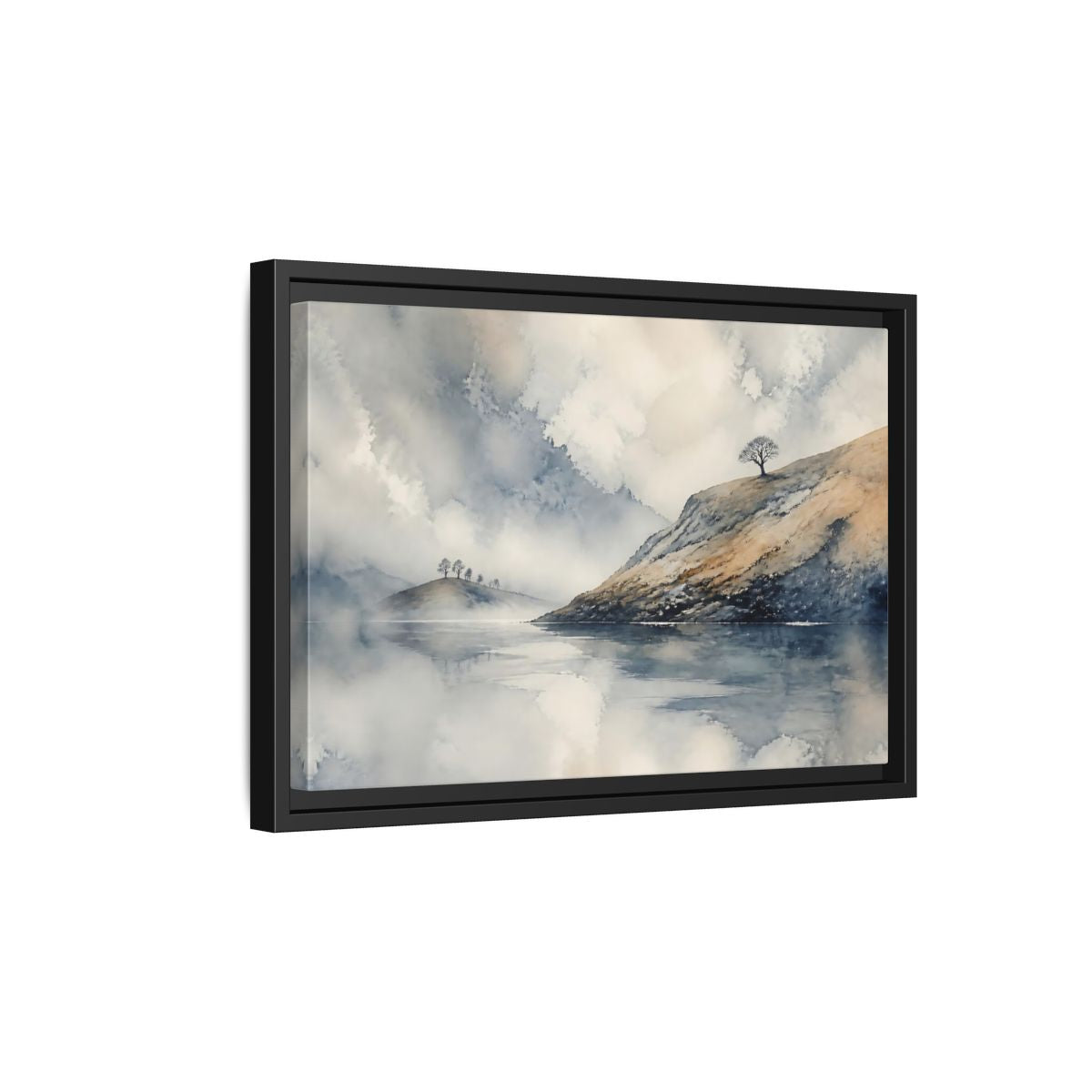 Side Mockup 6. Misty Hillside Reflection shown as framed canvas print