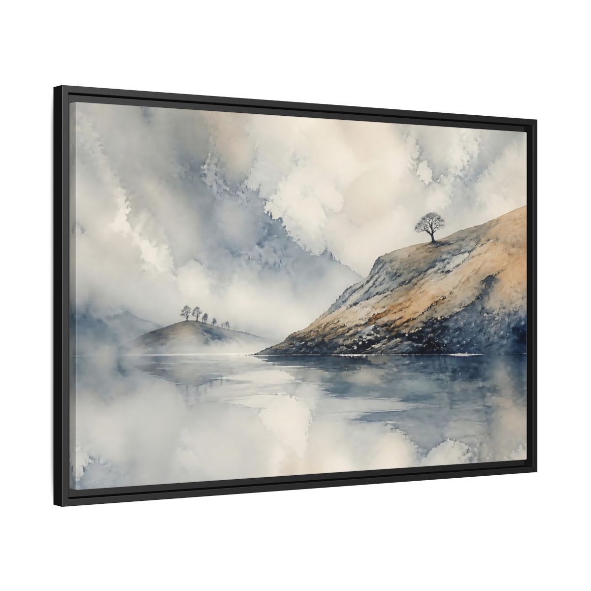 Side Mockup 13. Misty Hillside Reflection shown as framed canvas print
