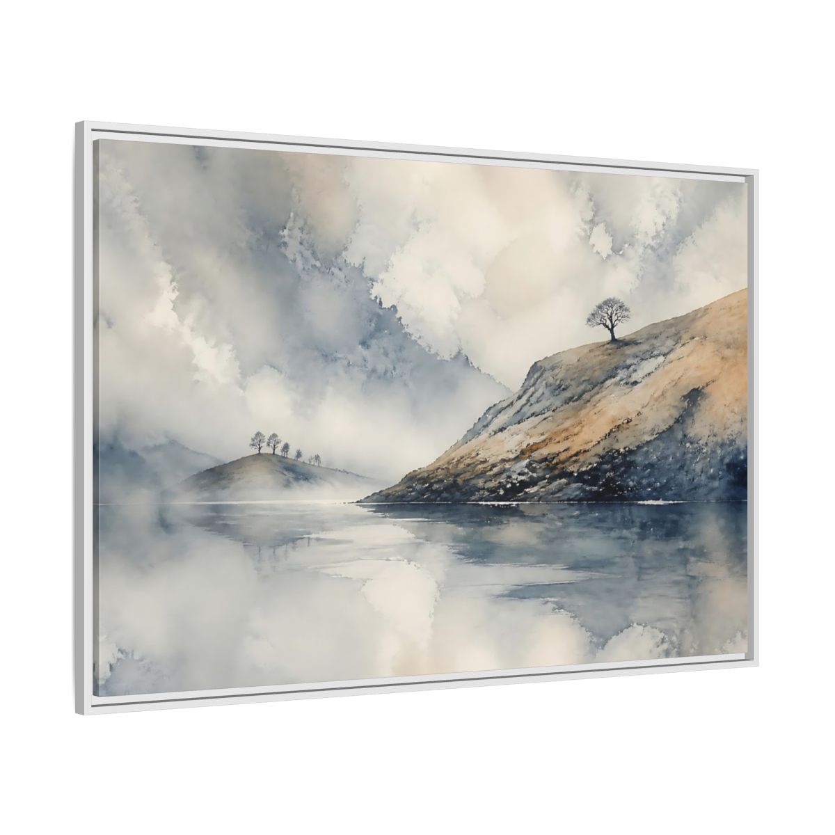 Side Mockup 7. Misty Hillside Reflection shown as framed canvas print