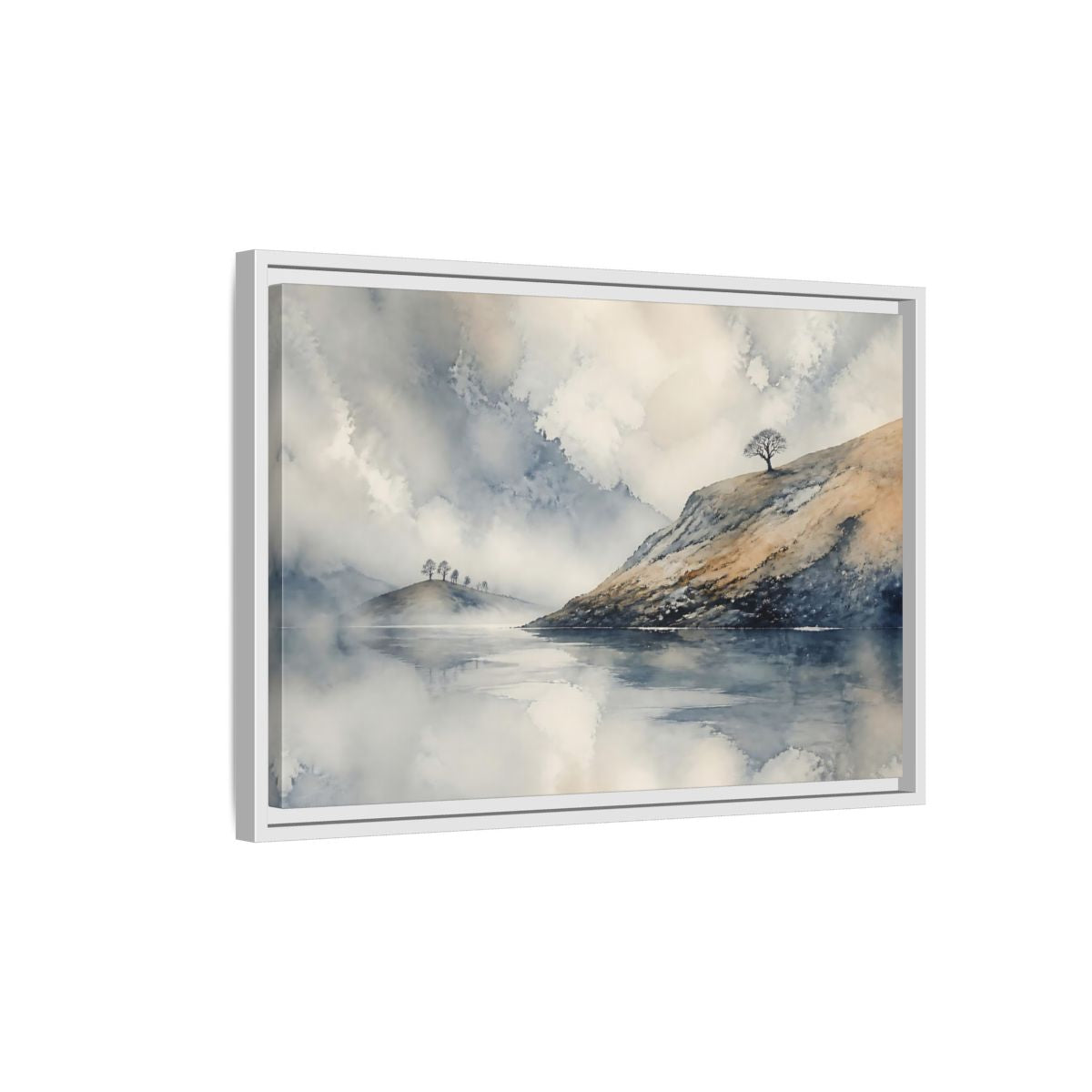 Side Mockup 1. Misty Hillside Reflection shown as framed canvas print