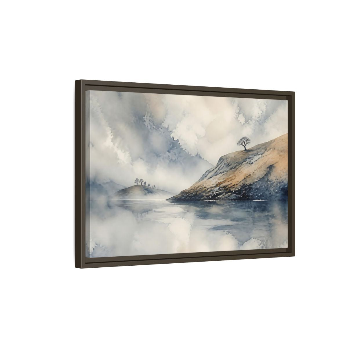 Side Mockup 2. Misty Hillside Reflection shown as framed canvas print