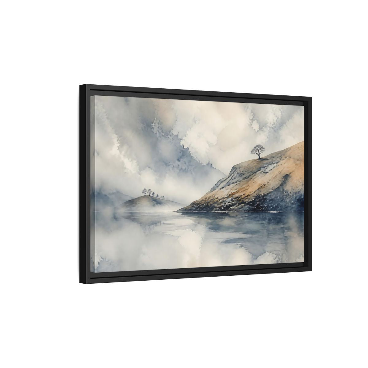 Side Mockup 3. Misty Hillside Reflection shown as framed canvas print