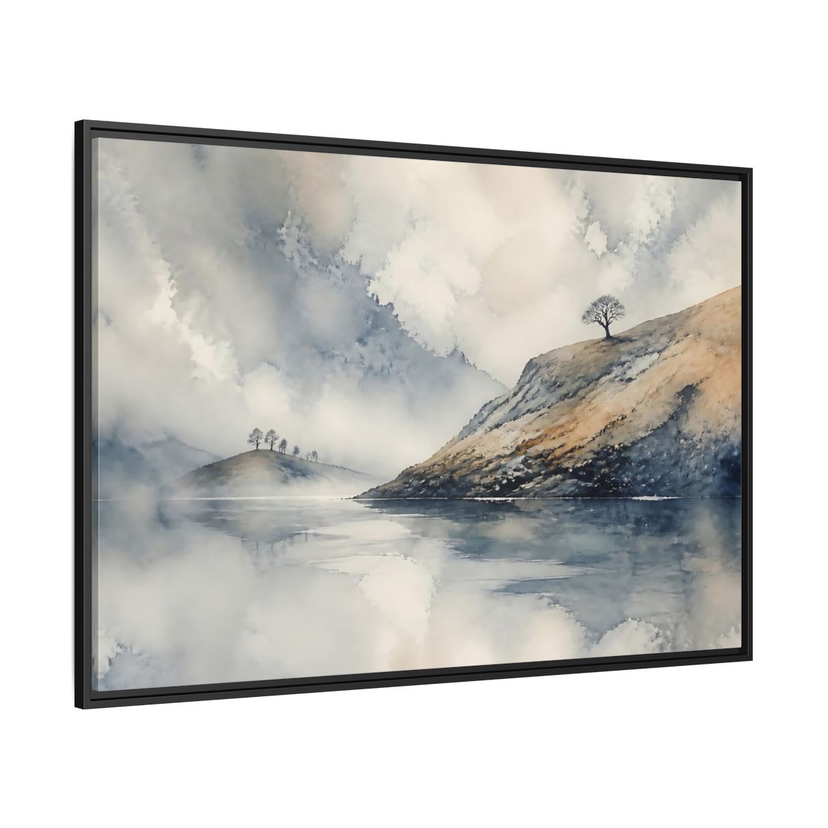 Side Mockup 12. Misty Hillside Reflection shown as framed canvas print