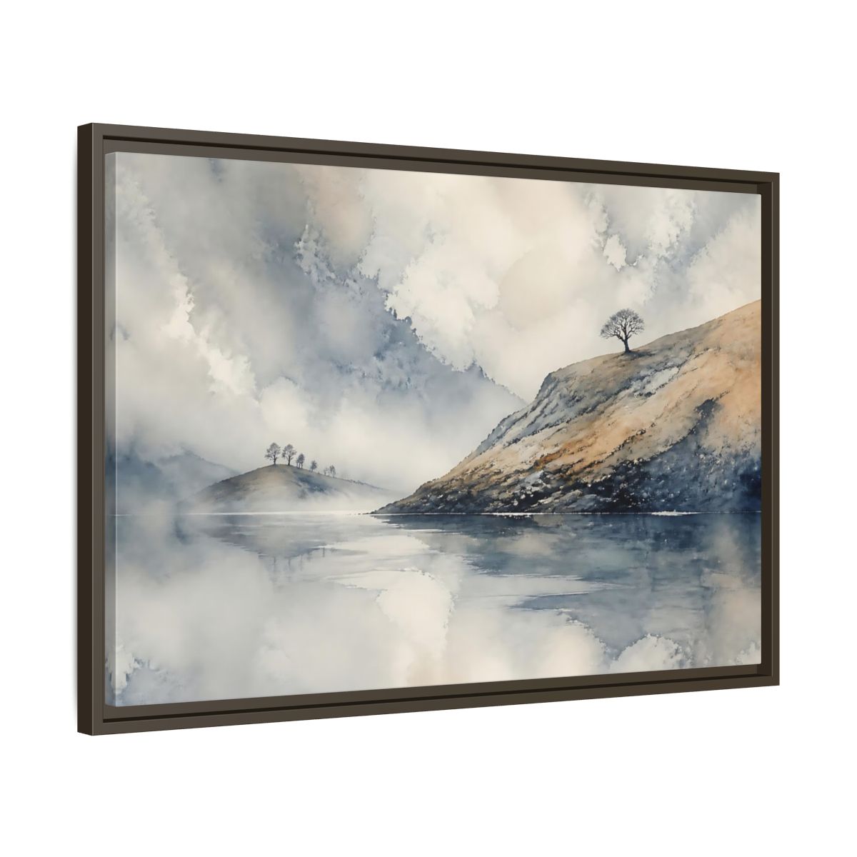 Side Mockup 11. Misty Hillside Reflection shown as framed canvas print
