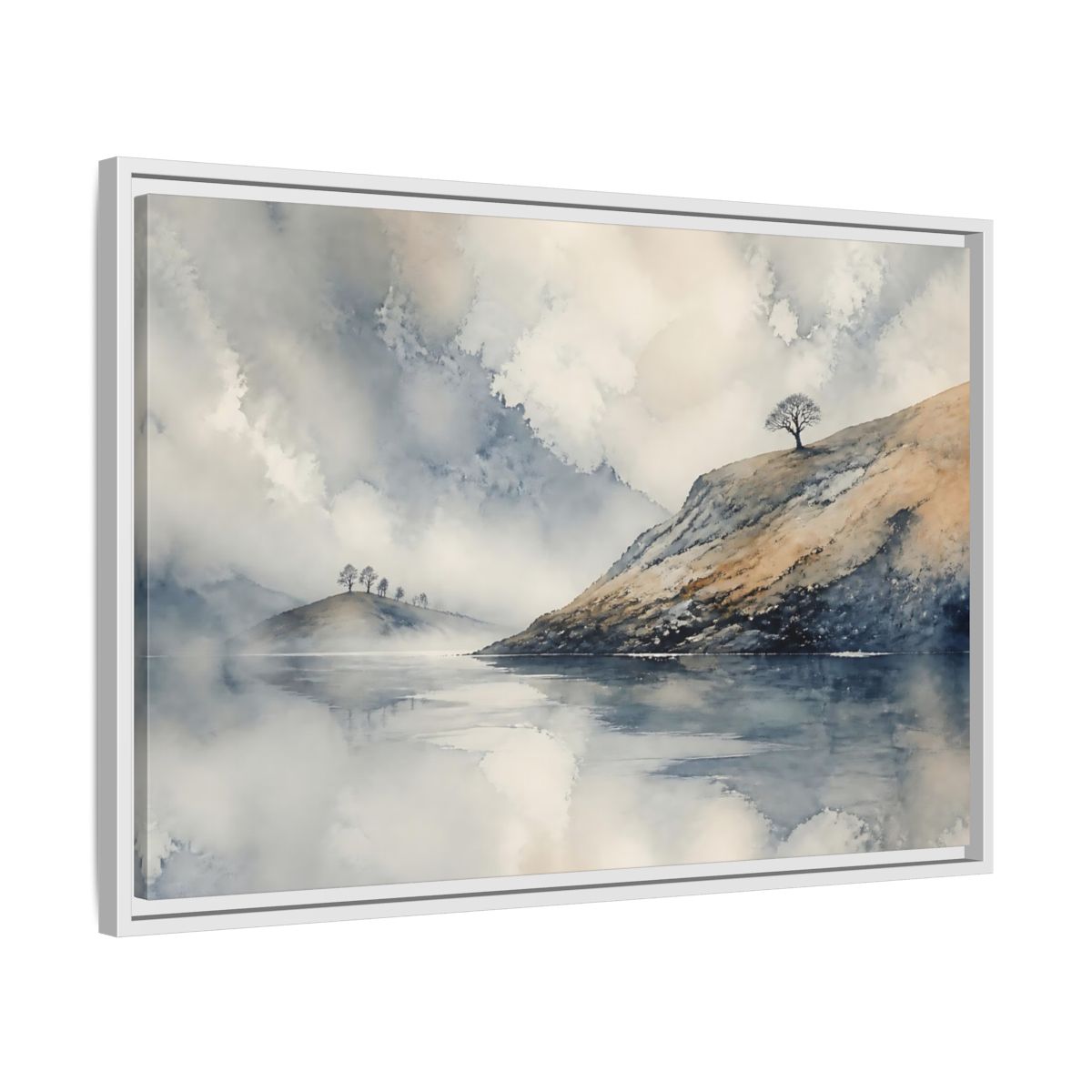 Side Mockup 10. Misty Hillside Reflection shown as framed canvas print