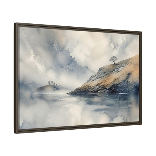 Main Mockup. Misty Hillside Reflection shown as framed canvas print