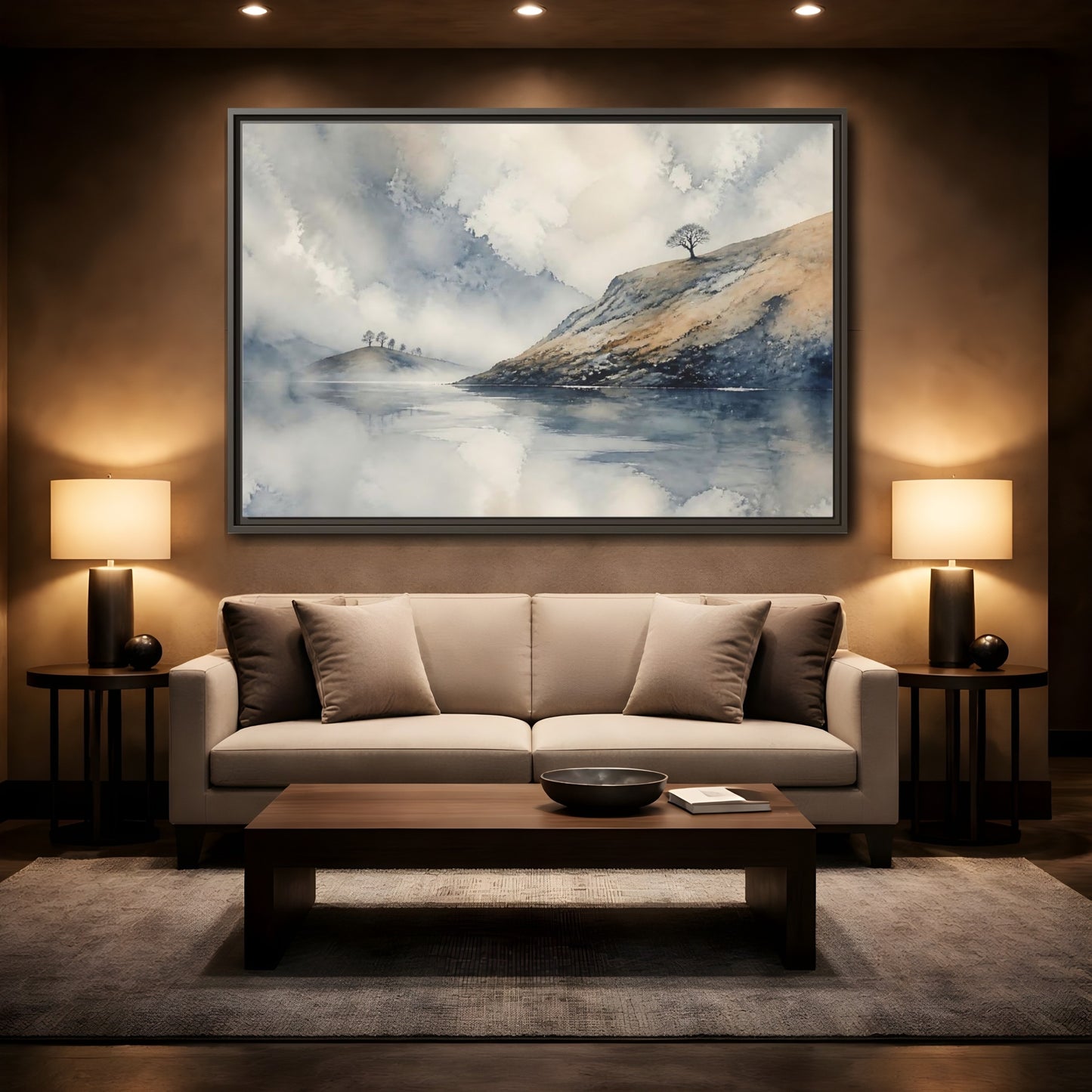 Mockup 2. Misty Hillside Reflection shown as framed canvas print