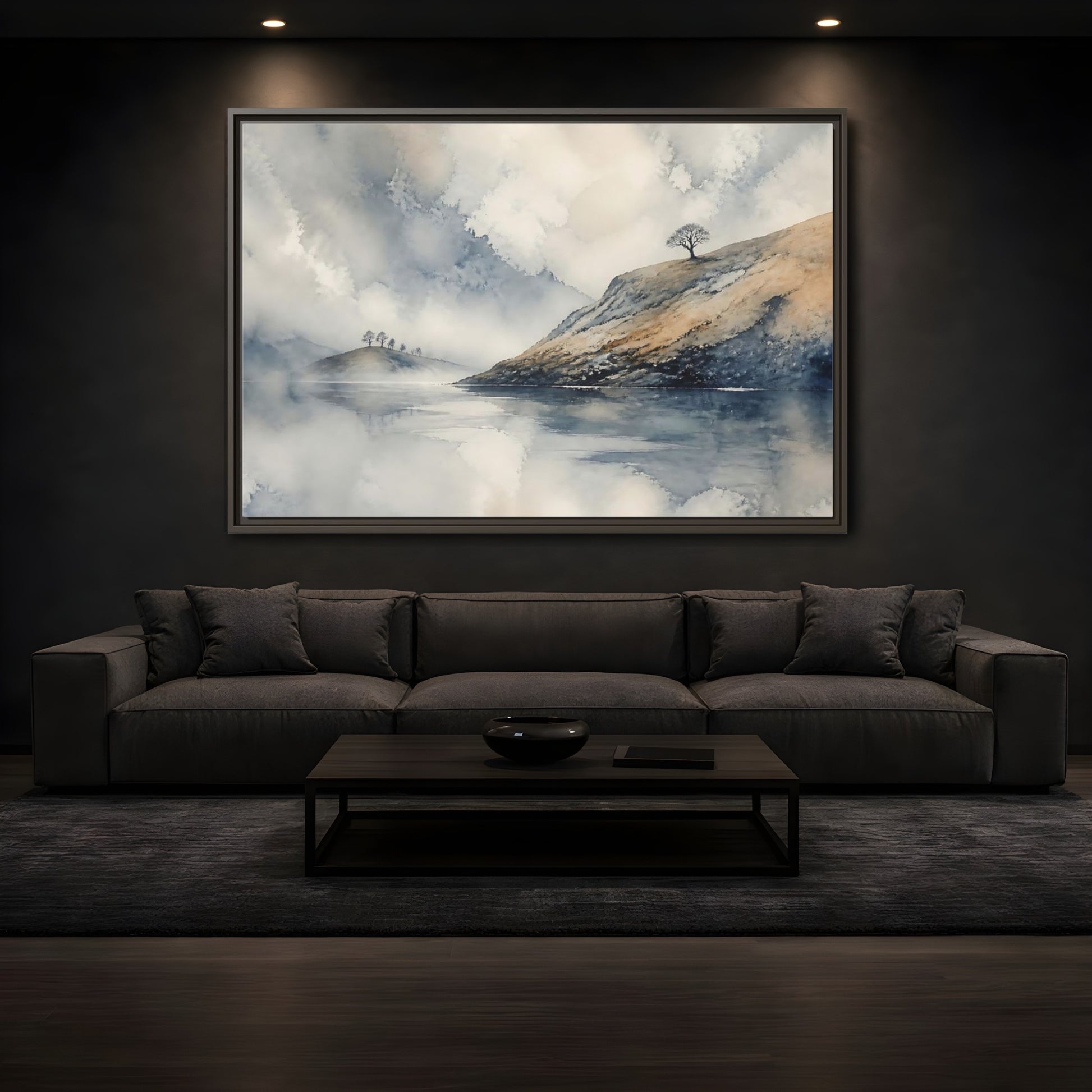 Mockup 3. Misty Hillside Reflection shown as framed canvas print