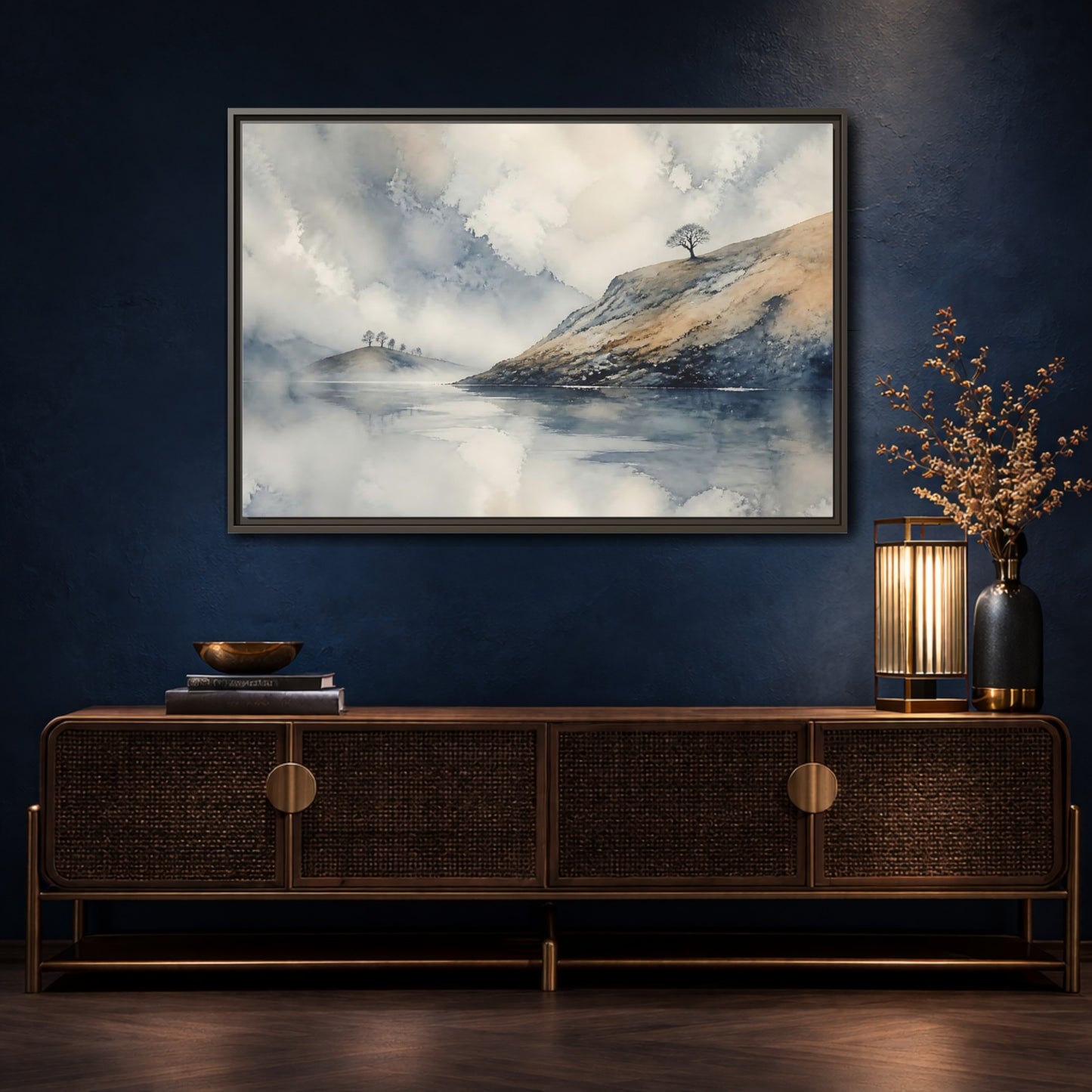 Mockup 4. Misty Hillside Reflection shown as framed canvas print