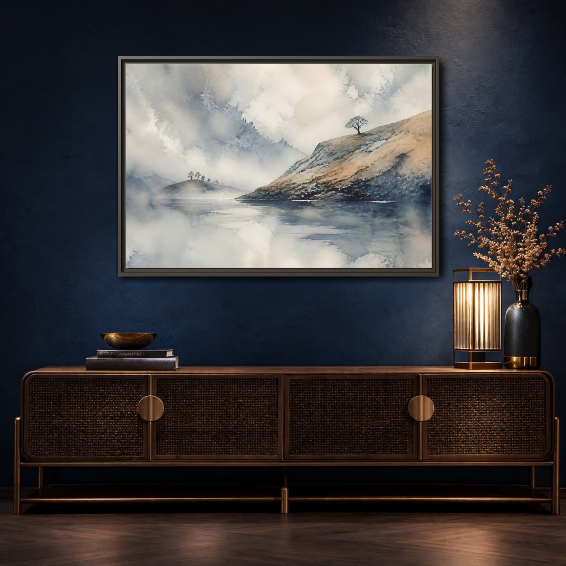 Mockup 4. Misty Hillside Reflection shown as framed canvas print