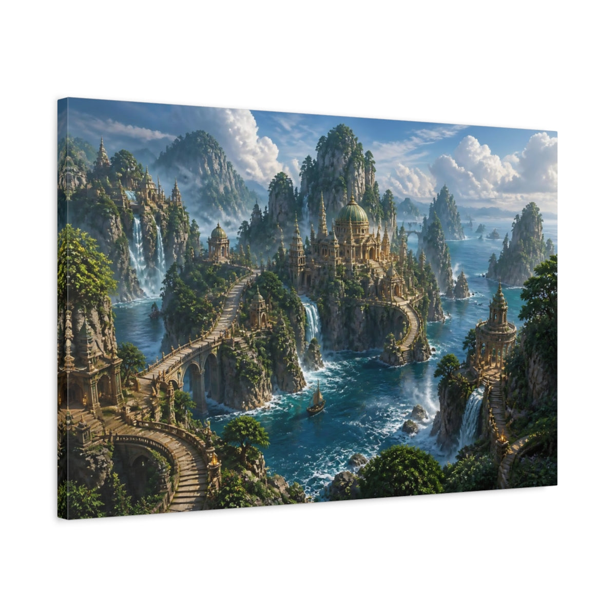 Side Mockup 2. Misty Island Temples shown as canvas print