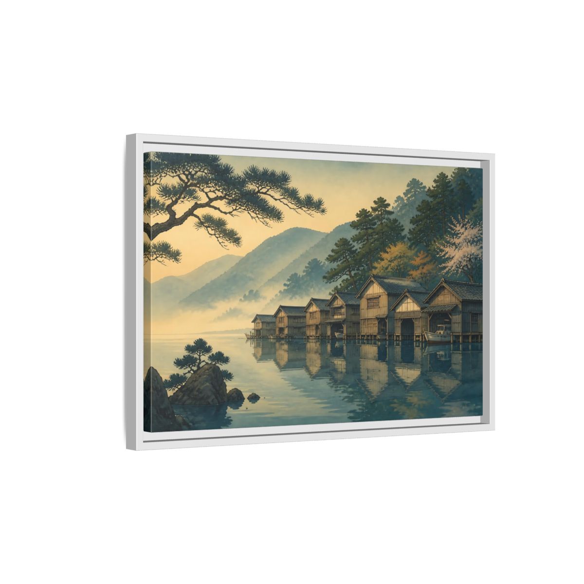 Side Mockup 1. Misty Lake Boathouses shown as framed canvas print