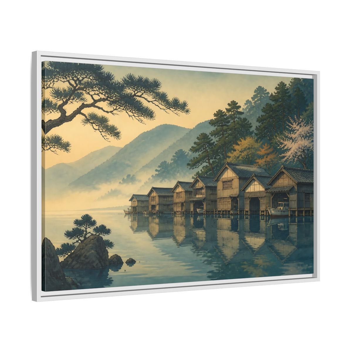 Side Mockup 9. Misty Lake Boathouses shown as framed canvas print
