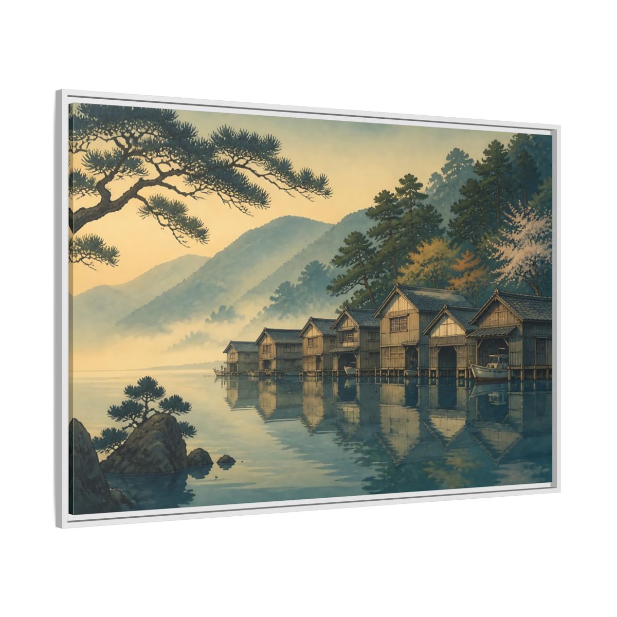 Side Mockup 7. Misty Lake Boathouses shown as framed canvas print