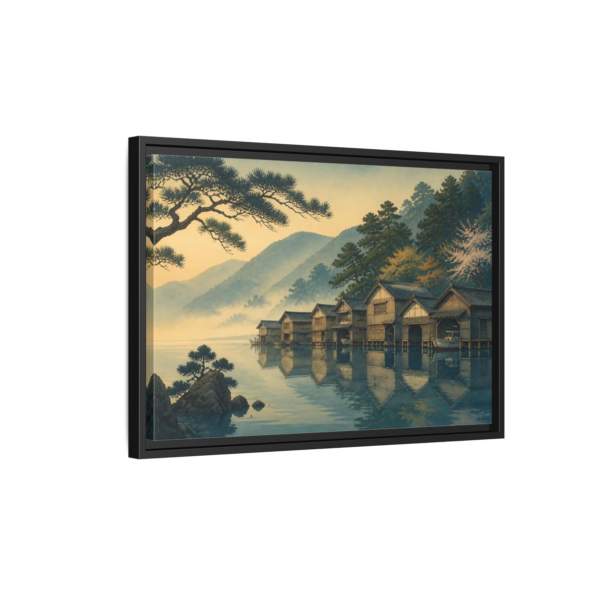 Side Mockup 3. Misty Lake Boathouses shown as framed canvas print