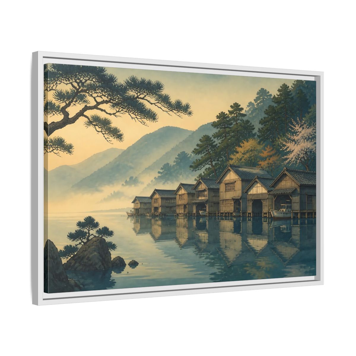 Side Mockup 10. Misty Lake Boathouses shown as framed canvas print