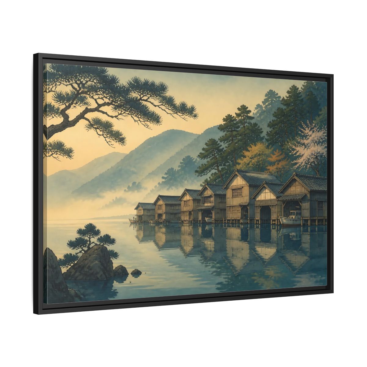 Side Mockup 13. Misty Lake Boathouses shown as framed canvas print