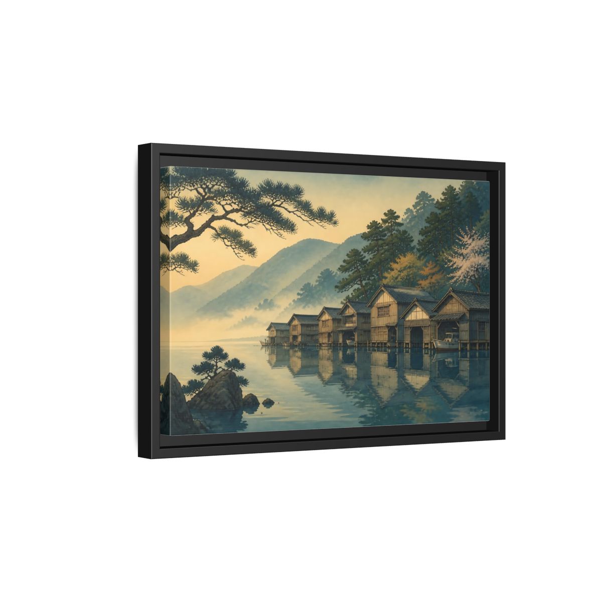 Side Mockup 6. Misty Lake Boathouses shown as framed canvas print