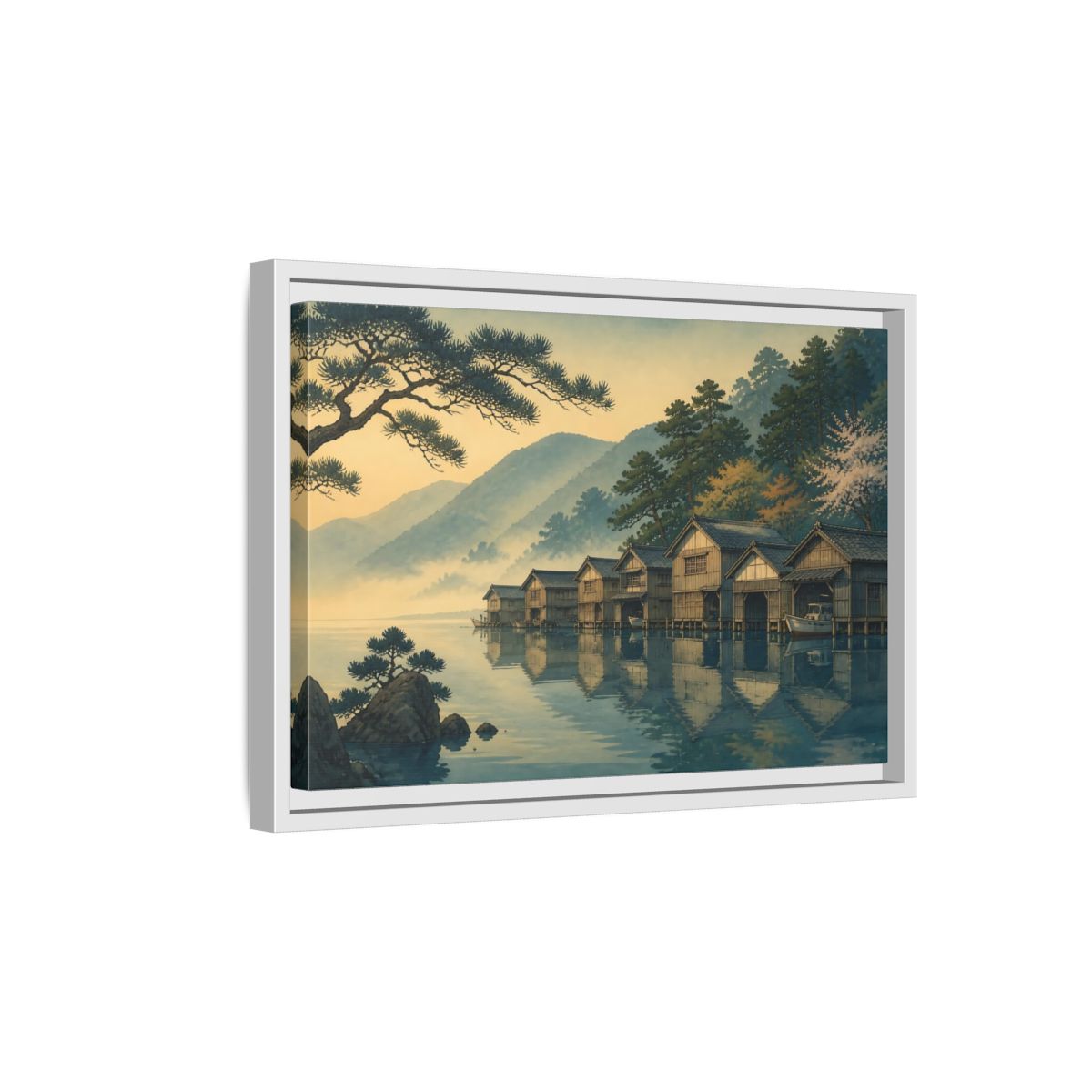 Side Mockup 4. Misty Lake Boathouses shown as framed canvas print