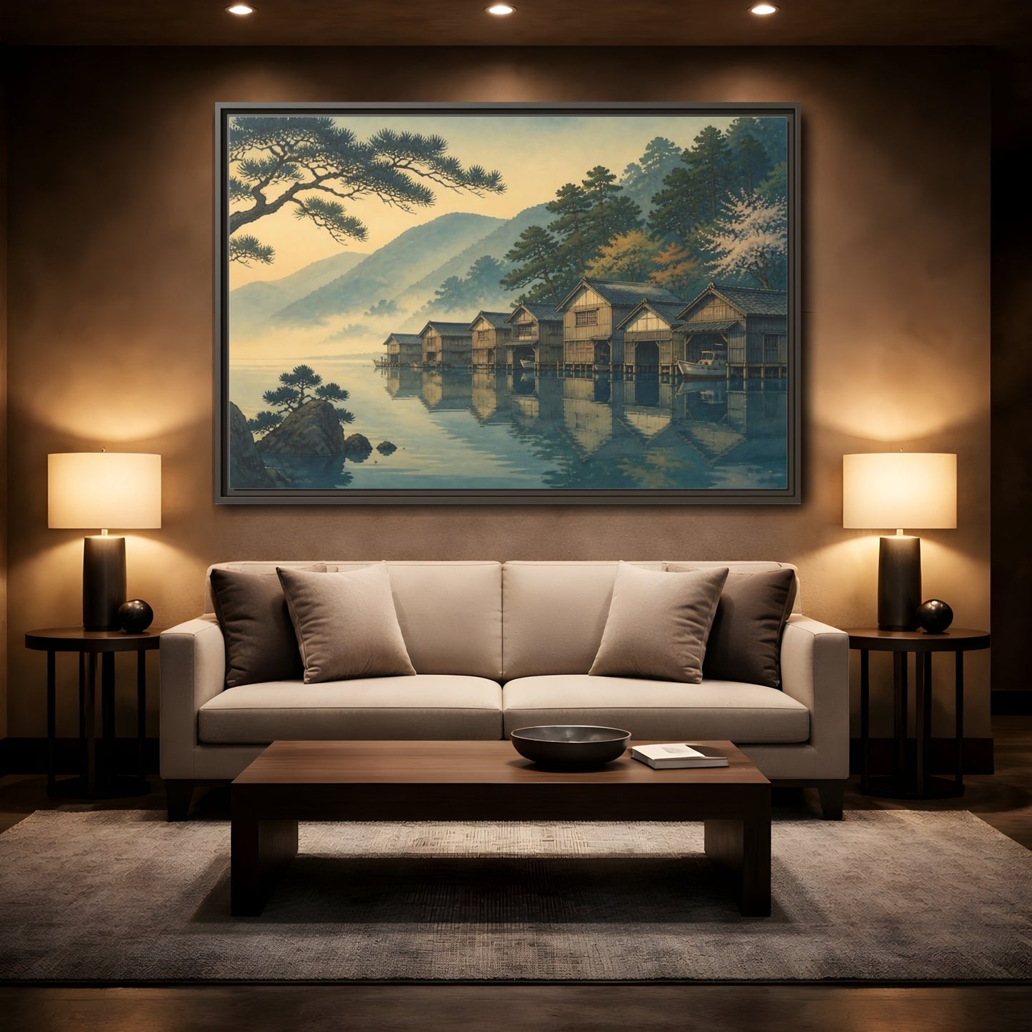 Mockup 2. Misty Lake Boathouses shown as framed canvas print