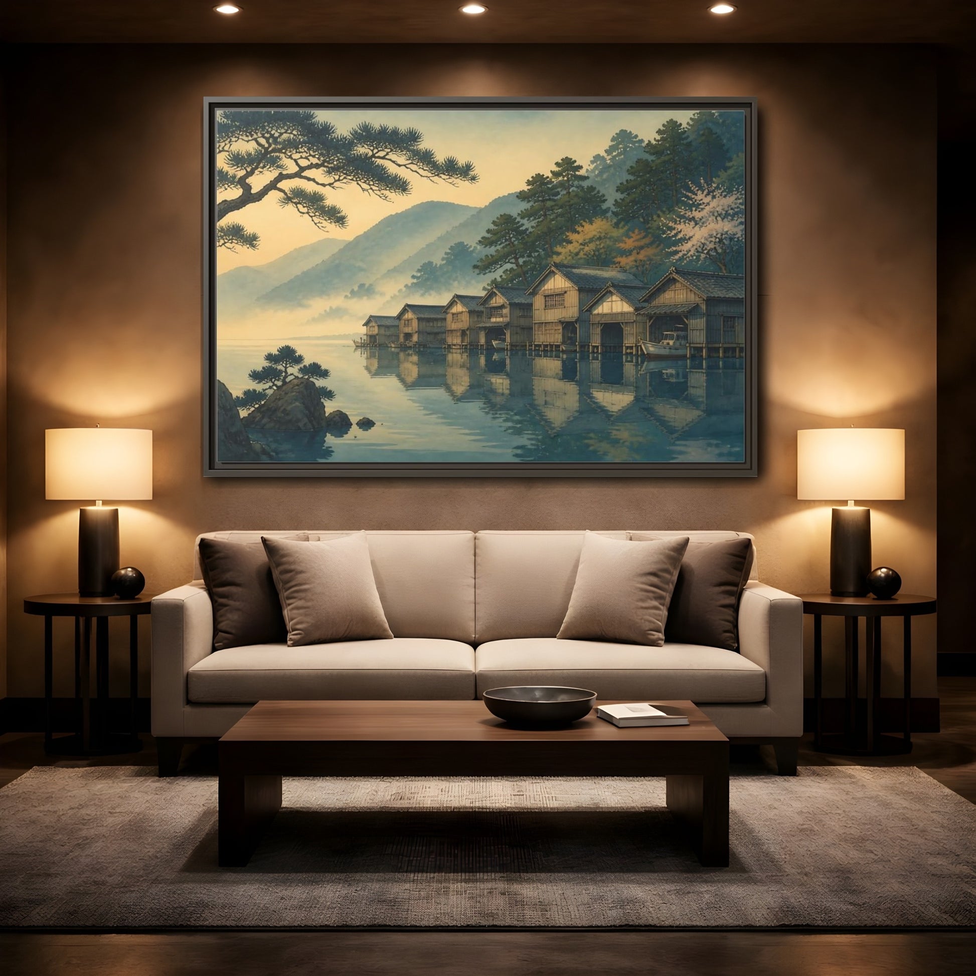 Mockup 2. Misty Lake Boathouses shown as framed canvas print