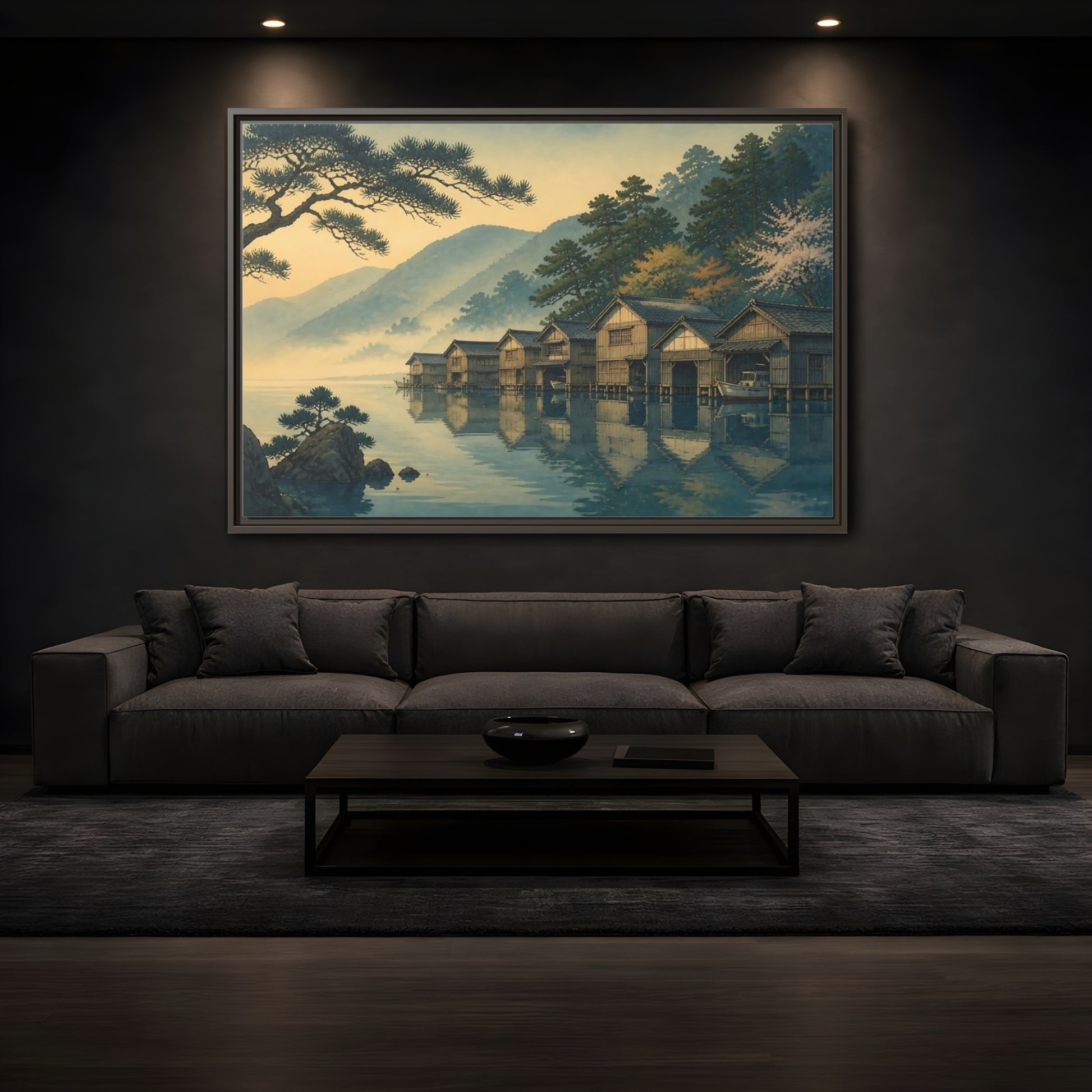 Mockup 3. Misty Lake Boathouses shown as framed canvas print