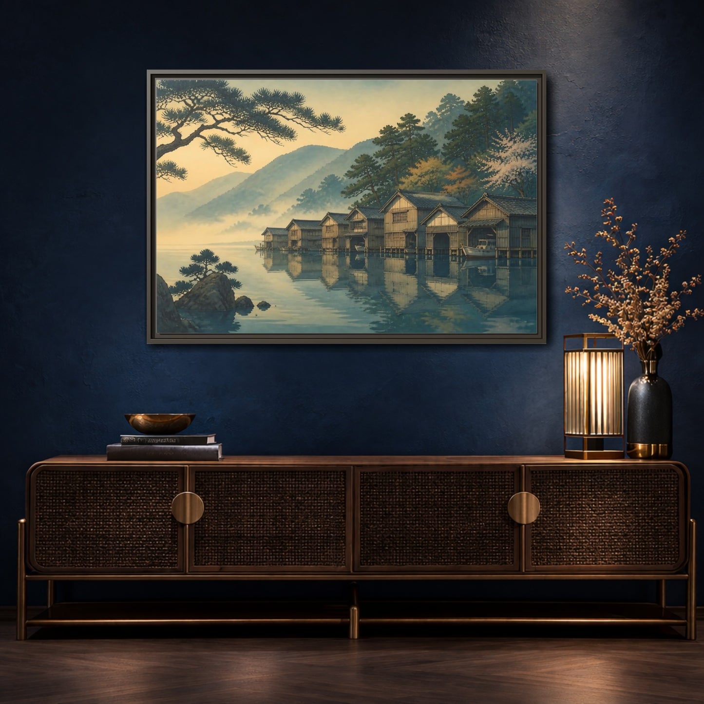 Mockup 4. Misty Lake Boathouses shown as framed canvas print