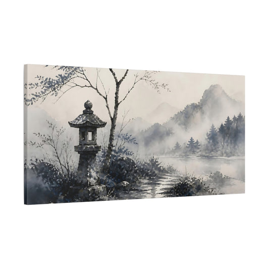 Main Mockup. Misty Lake Stone Lantern shown as canvas print