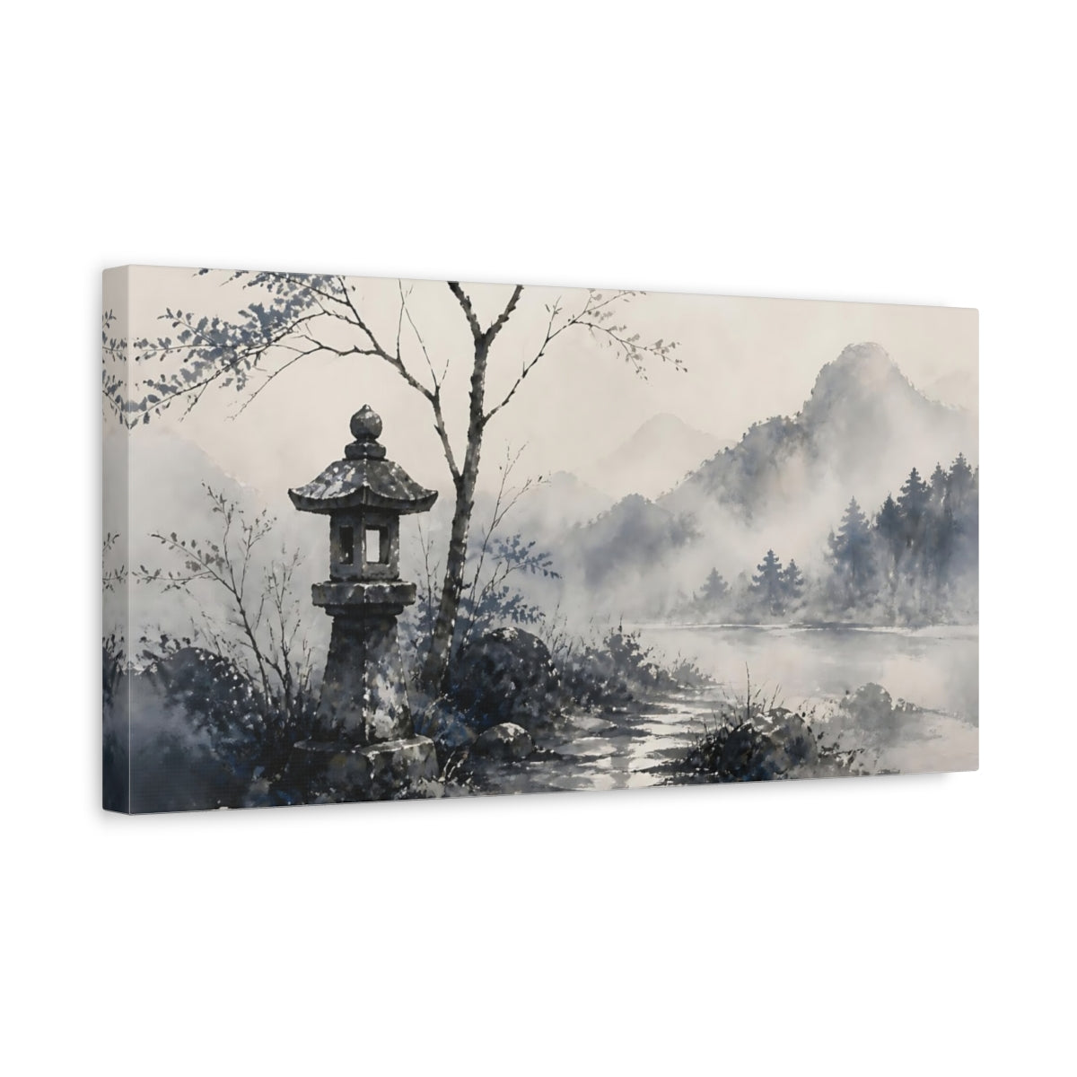 Side Mockup 3. Misty Lake Stone Lantern shown as canvas print