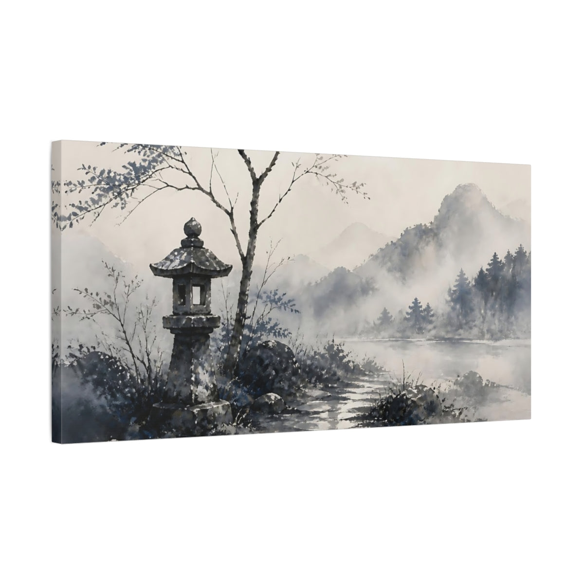 Side Mockup 1. Misty Lake Stone Lantern shown as canvas print