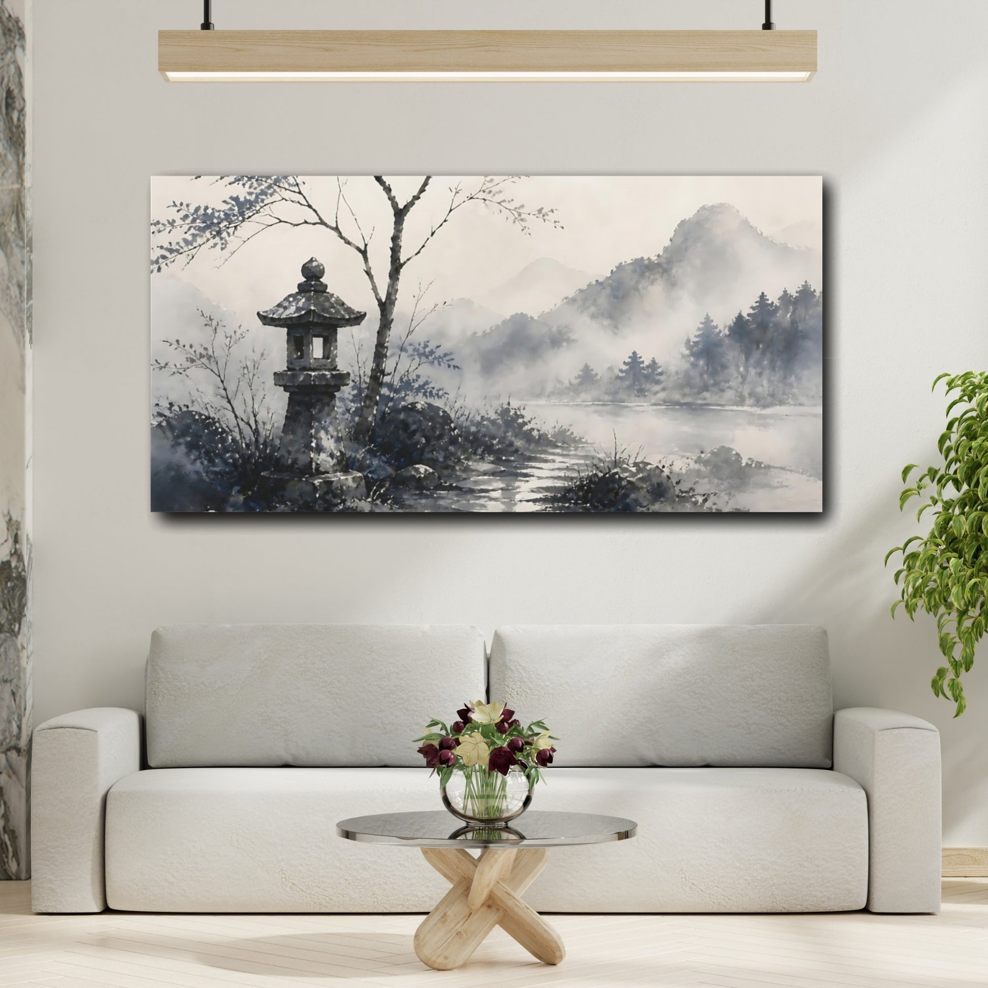 Mockup 2. Misty Lake Stone Lantern shown as canvas print