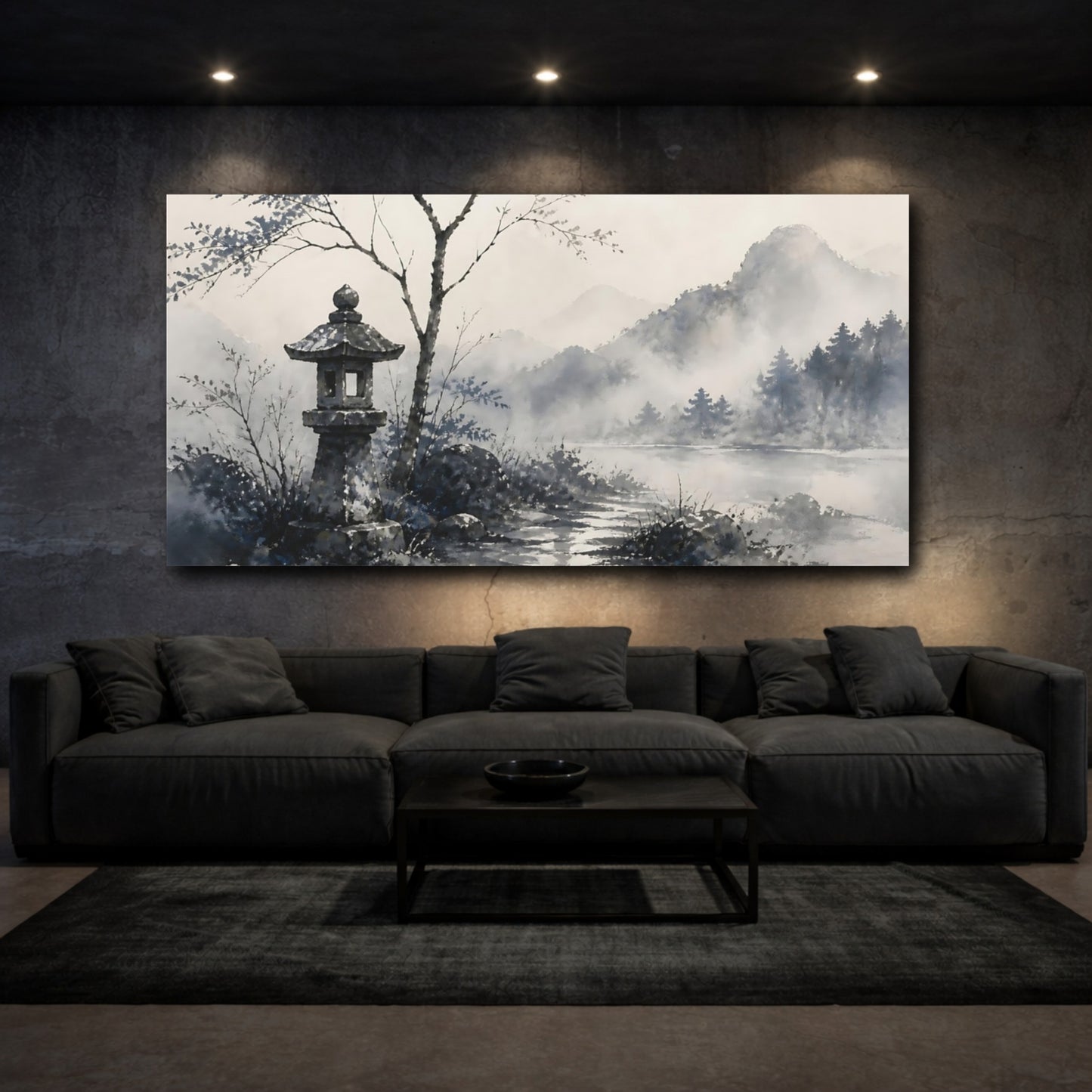 Mockup 3. Misty Lake Stone Lantern shown as canvas print