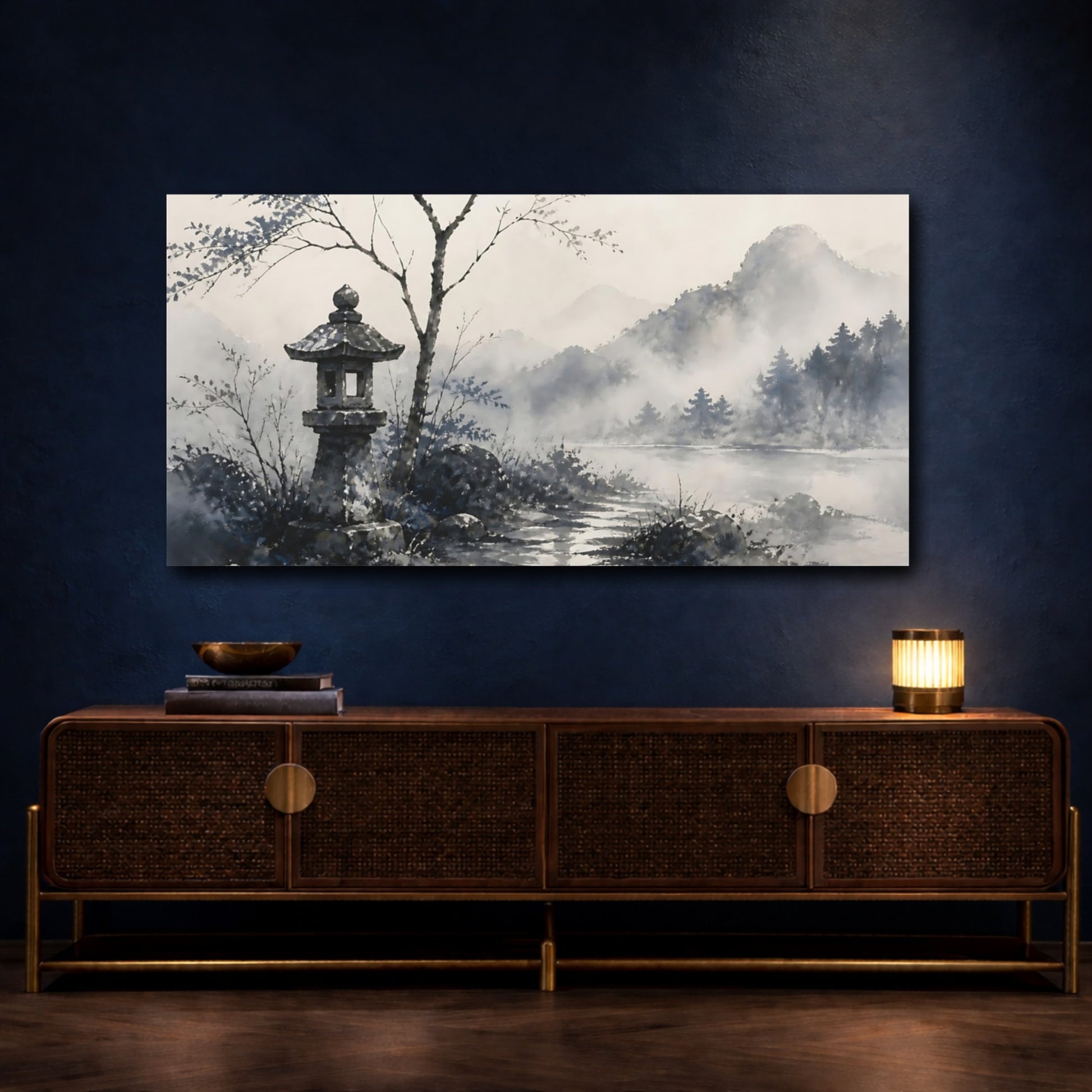Mockup 4. Misty Lake Stone Lantern shown as canvas print