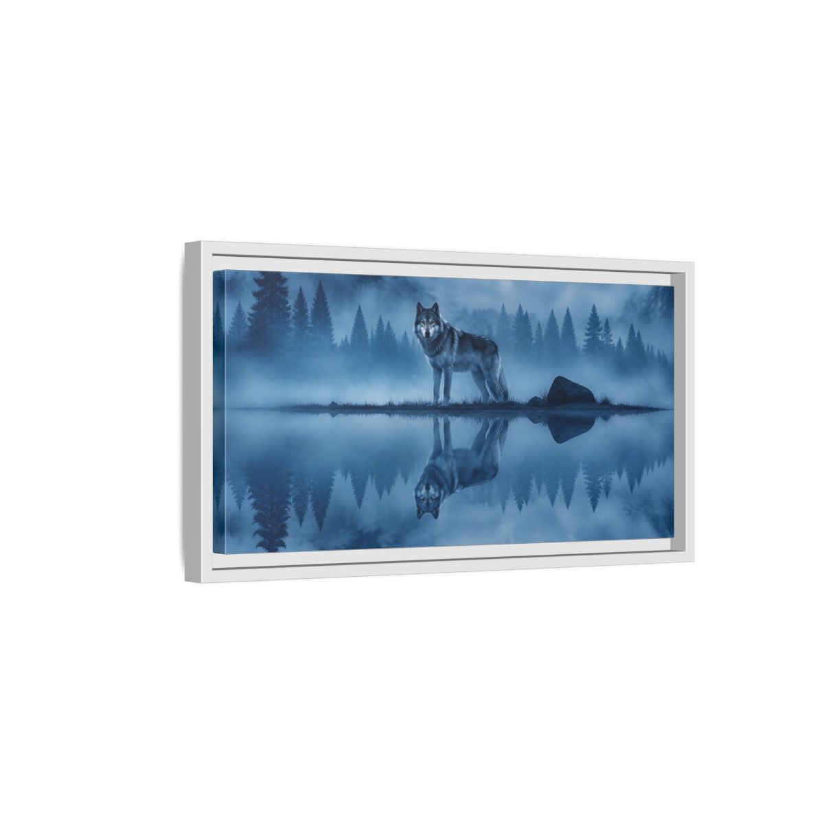 Side Mockup 6. Misty Lake Wolf shown as framed canvas print
