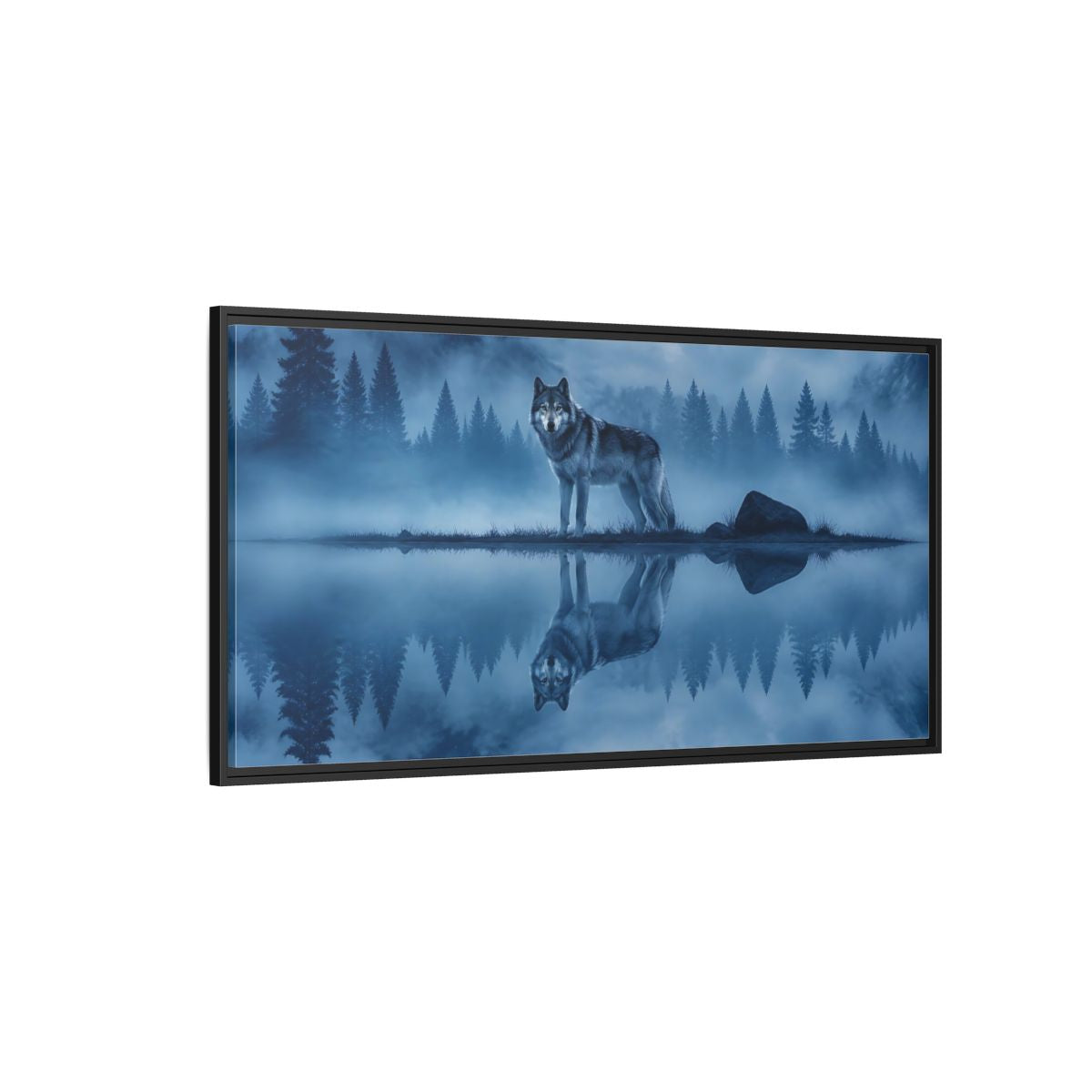 Side Mockup 5. Misty Lake Wolf shown as framed canvas print