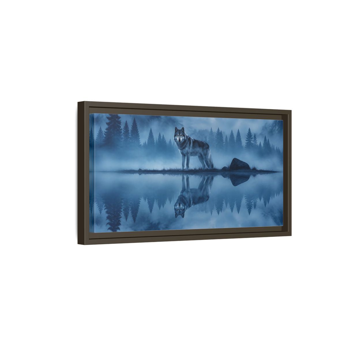 Side Mockup 7. Misty Lake Wolf shown as framed canvas print