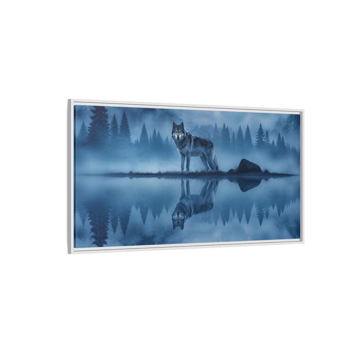 Side Mockup 3. Misty Lake Wolf shown as framed canvas print