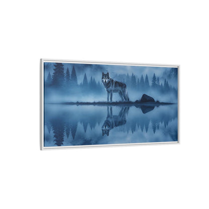 Side Mockup 3. Misty Lake Wolf shown as framed canvas print