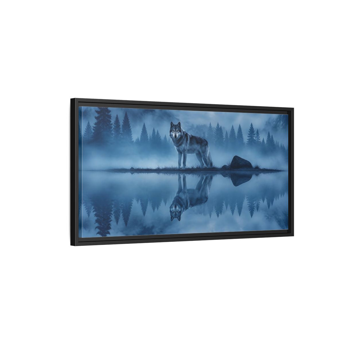 Side Mockup 2. Misty Lake Wolf shown as framed canvas print