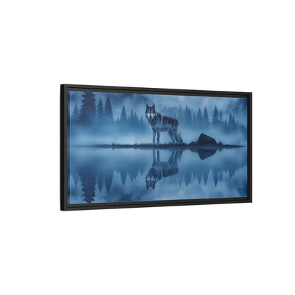 Side Mockup 2. Misty Lake Wolf shown as framed canvas print